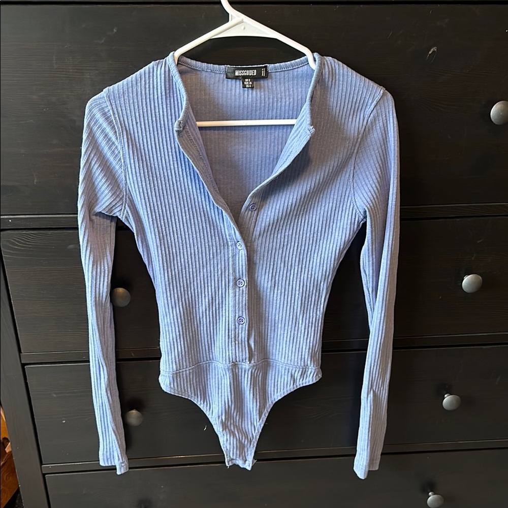 Missguided Blue Ribbed Notched Collar Bodysuit